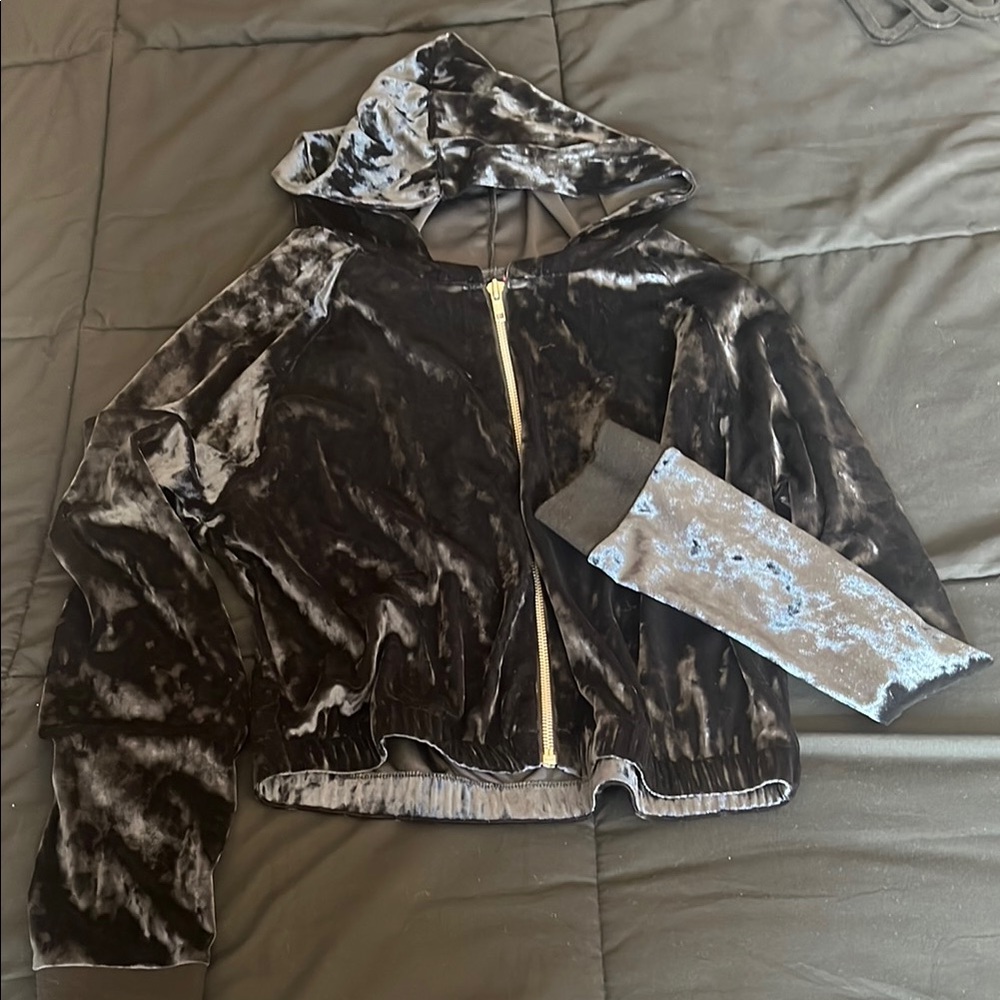 Dark Blue Velvet Cropped Hoodie Jacket